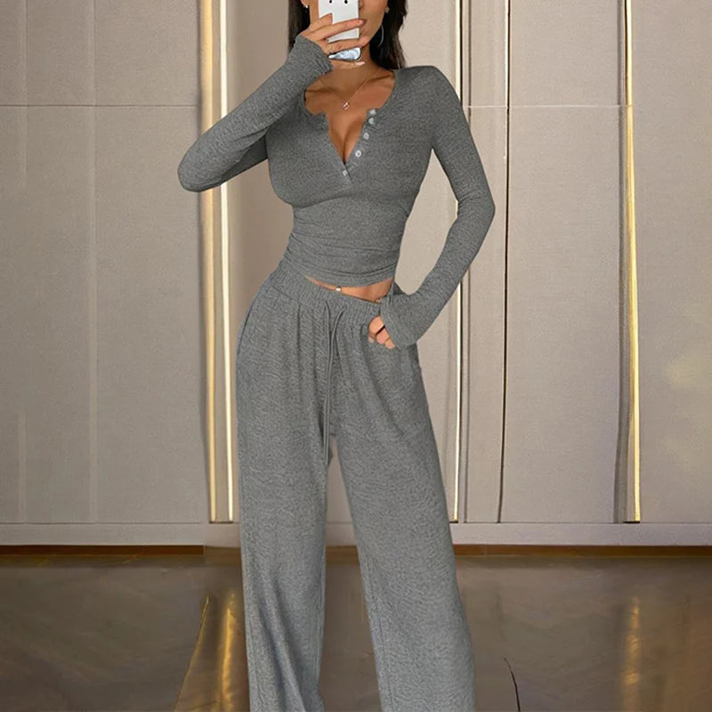 Sexy V-Neck Button-Down Slim-Fit Long-Sleeved T-Shirt and High-Waist Flared Wide-Leg Stretch Pants Set