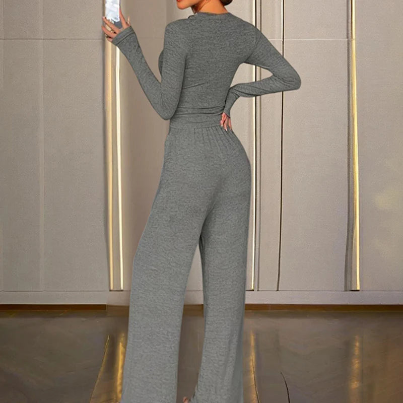 Sexy V-Neck Button-Down Slim-Fit Long-Sleeved T-Shirt and High-Waist Flared Wide-Leg Stretch Pants Set