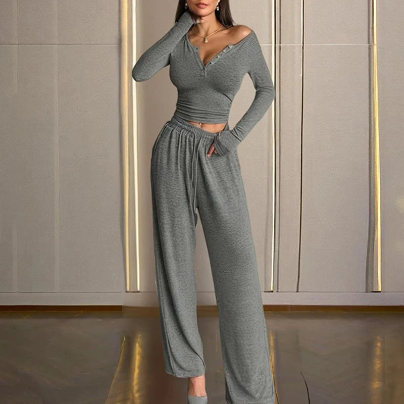 Sexy V-Neck Button-Down Slim-Fit Long-Sleeved T-Shirt and High-Waist Flared Wide-Leg Stretch Pants Set