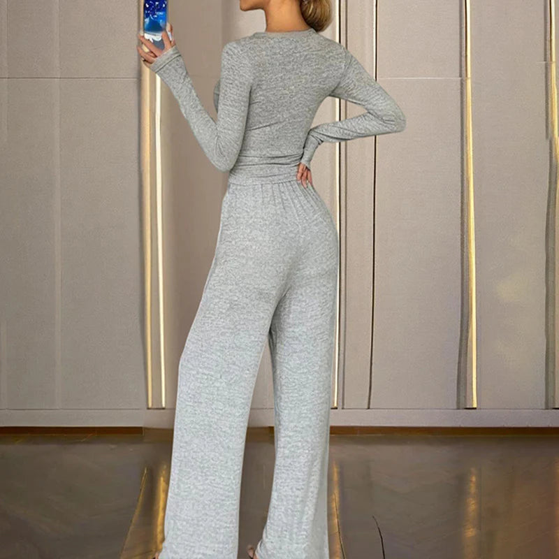 Sexy V-Neck Button-Down Slim-Fit Long-Sleeved T-Shirt and High-Waist Flared Wide-Leg Stretch Pants Set