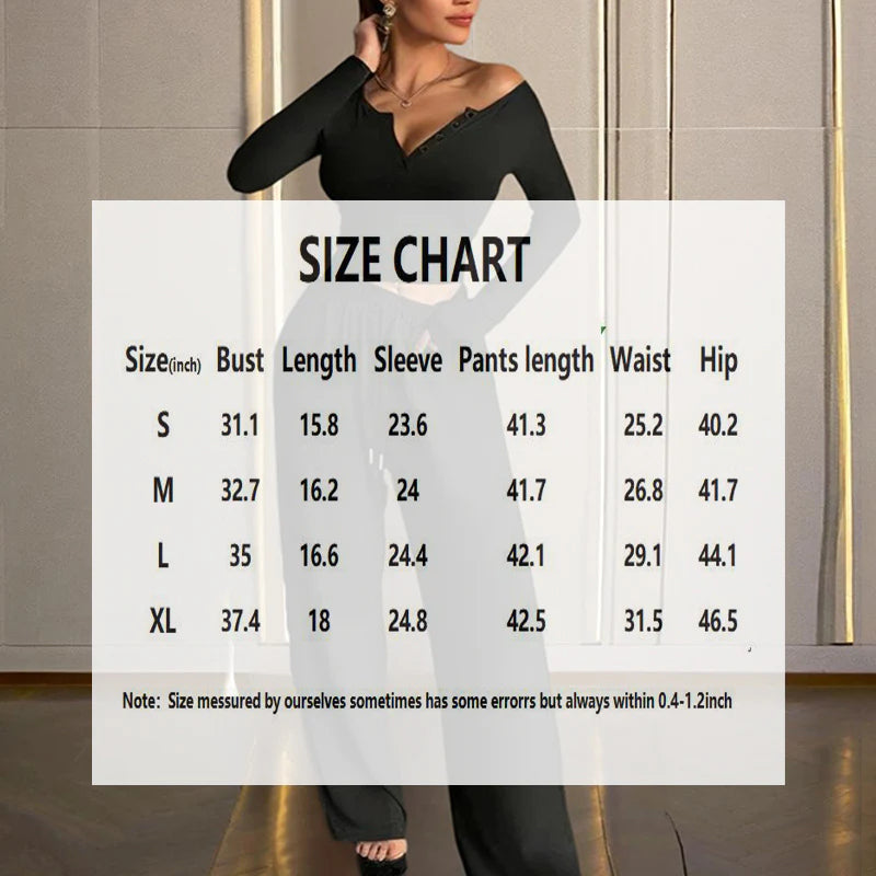 Sexy V-Neck Button-Down Slim-Fit Long-Sleeved T-Shirt and High-Waist Flared Wide-Leg Stretch Pants Set