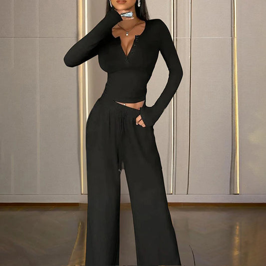 Sexy V-Neck Button-Down Slim-Fit Long-Sleeved T-Shirt and High-Waist Flared Wide-Leg Stretch Pants Set